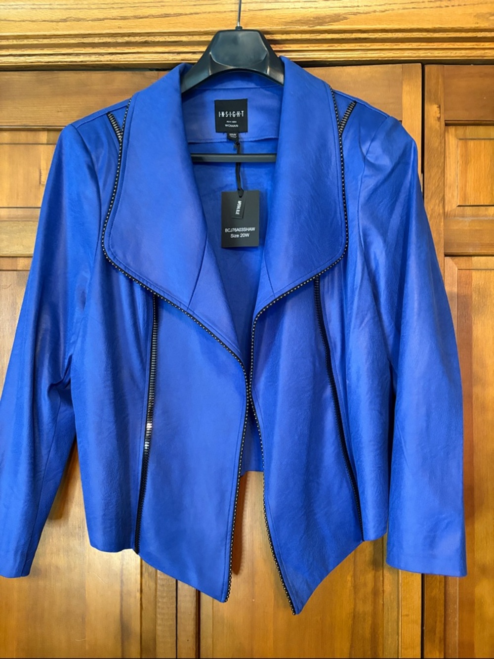 Insight Royal Blue Leather Look Drape Moto Jacket